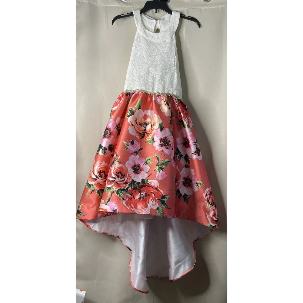 Rare Editions Girls Size 16 High Low Dress Coral Pink Floral Lace Sequin Bow NEW